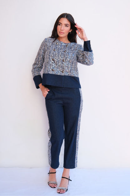 Navy shimmer jacket and pant two-piece set for elegant women