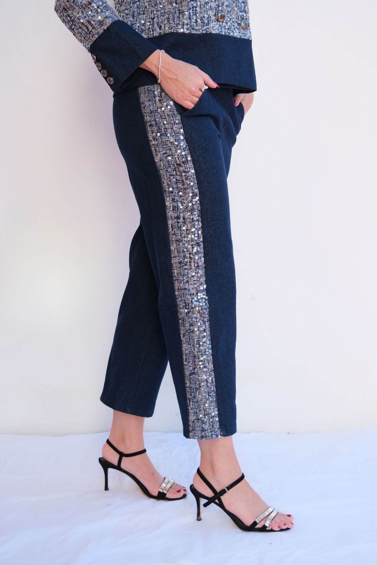 Navy shimmer jacket and pant two-piece set for elegant women