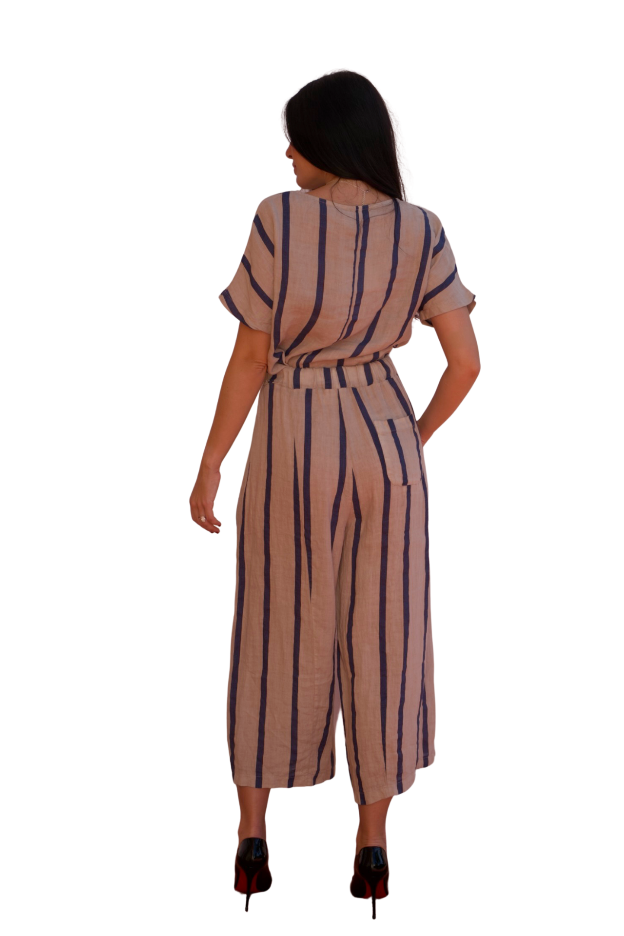 Relaxed navy stripe linen two-piece set with short sleeve top and wide-leg cropped pants, lightweight and breathable resort wear outfit for women.