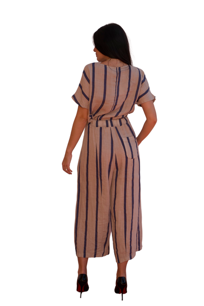 Relaxed navy stripe linen two-piece set with short sleeve top and wide-leg cropped pants, lightweight and breathable resort wear outfit for women.