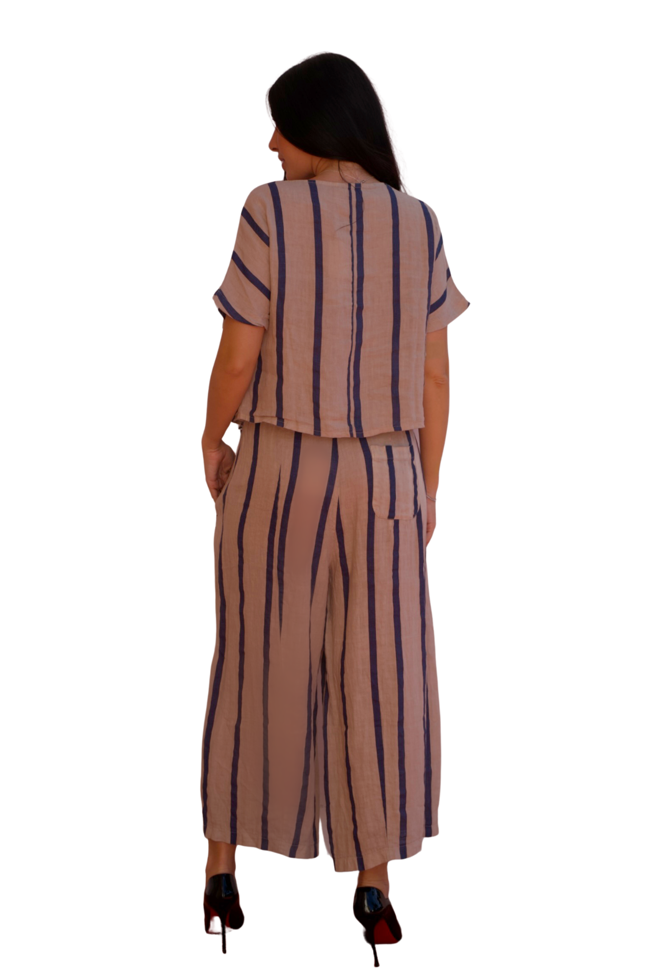 Relaxed navy stripe linen two-piece set with short sleeve top and wide-leg cropped pants, lightweight and breathable resort wear outfit for women.