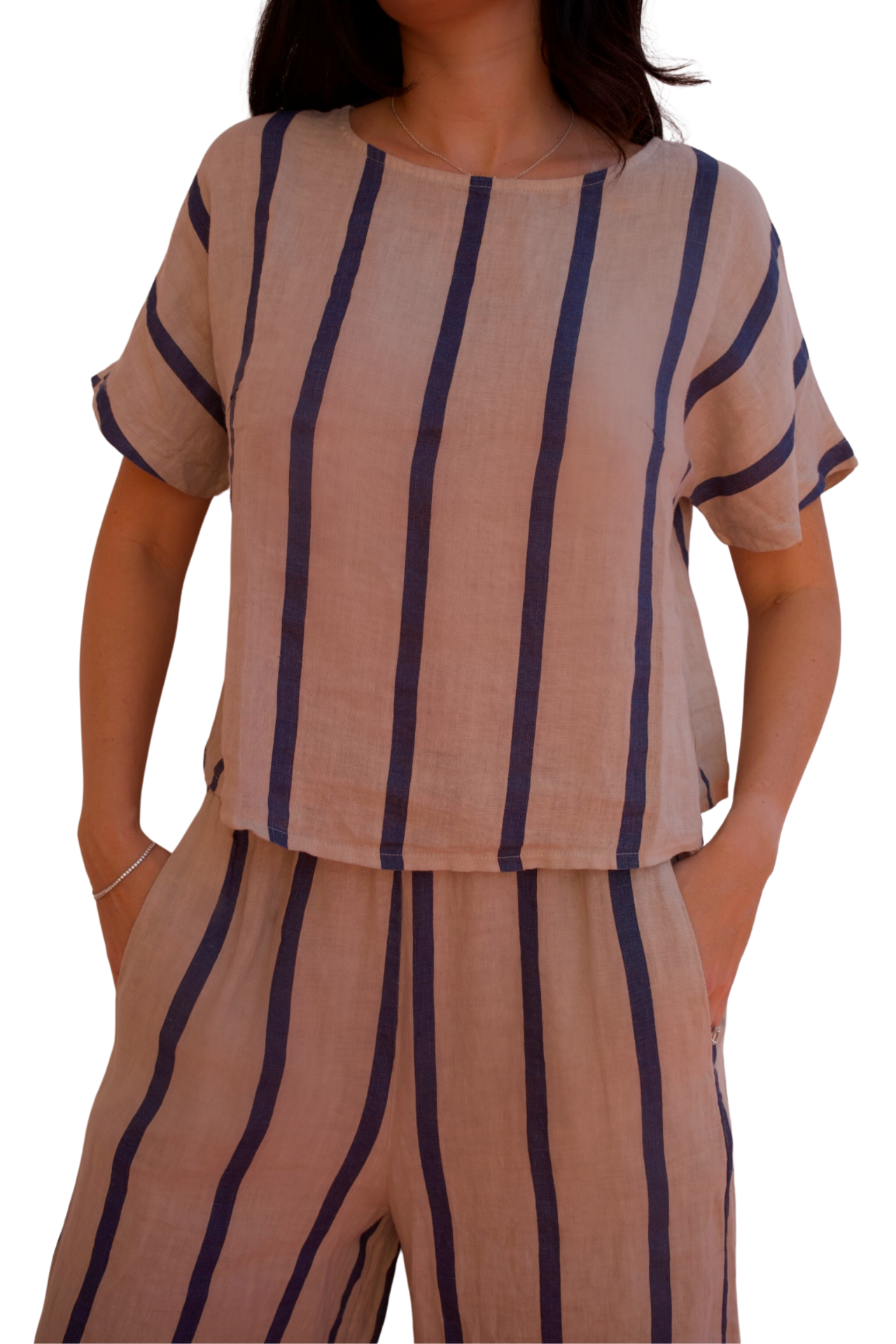 Relaxed navy stripe linen two-piece set with short sleeve top and wide-leg cropped pants, lightweight and breathable resort wear outfit for women.