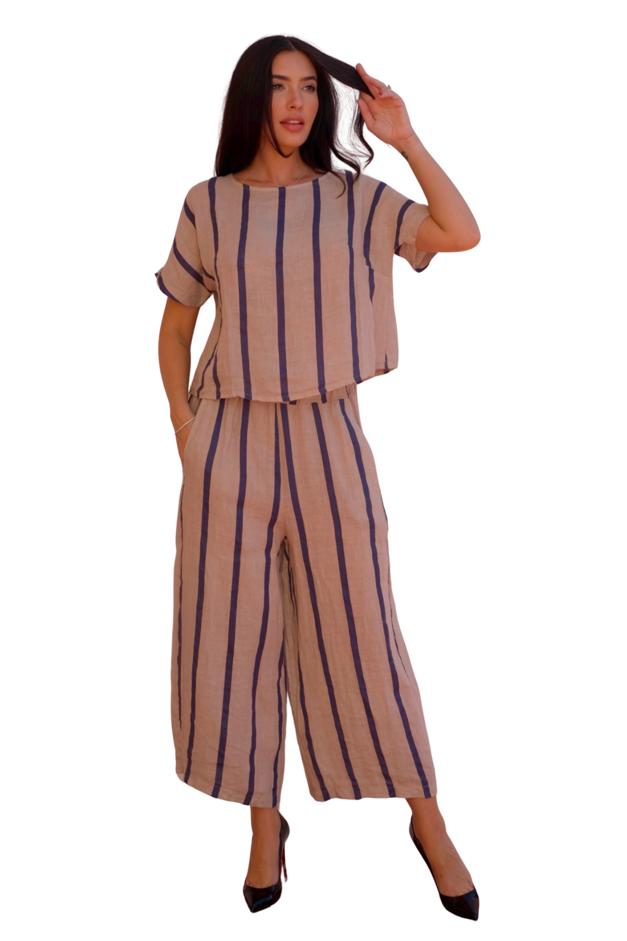 Relaxed navy stripe linen two-piece set with short sleeve top and wide-leg cropped pants, lightweight and breathable resort wear outfit for women.