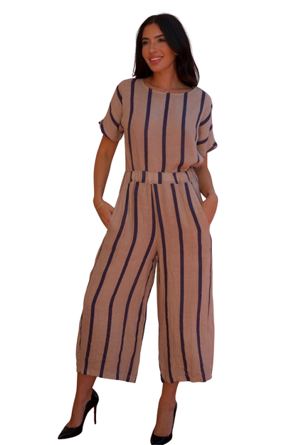 Relaxed navy stripe linen two-piece set with short sleeve top and wide-leg cropped pants, lightweight and breathable resort wear outfit for women.