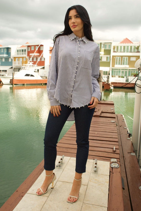 Navy and white striped blouse with long sleeves, pearl trim, and front pocket

