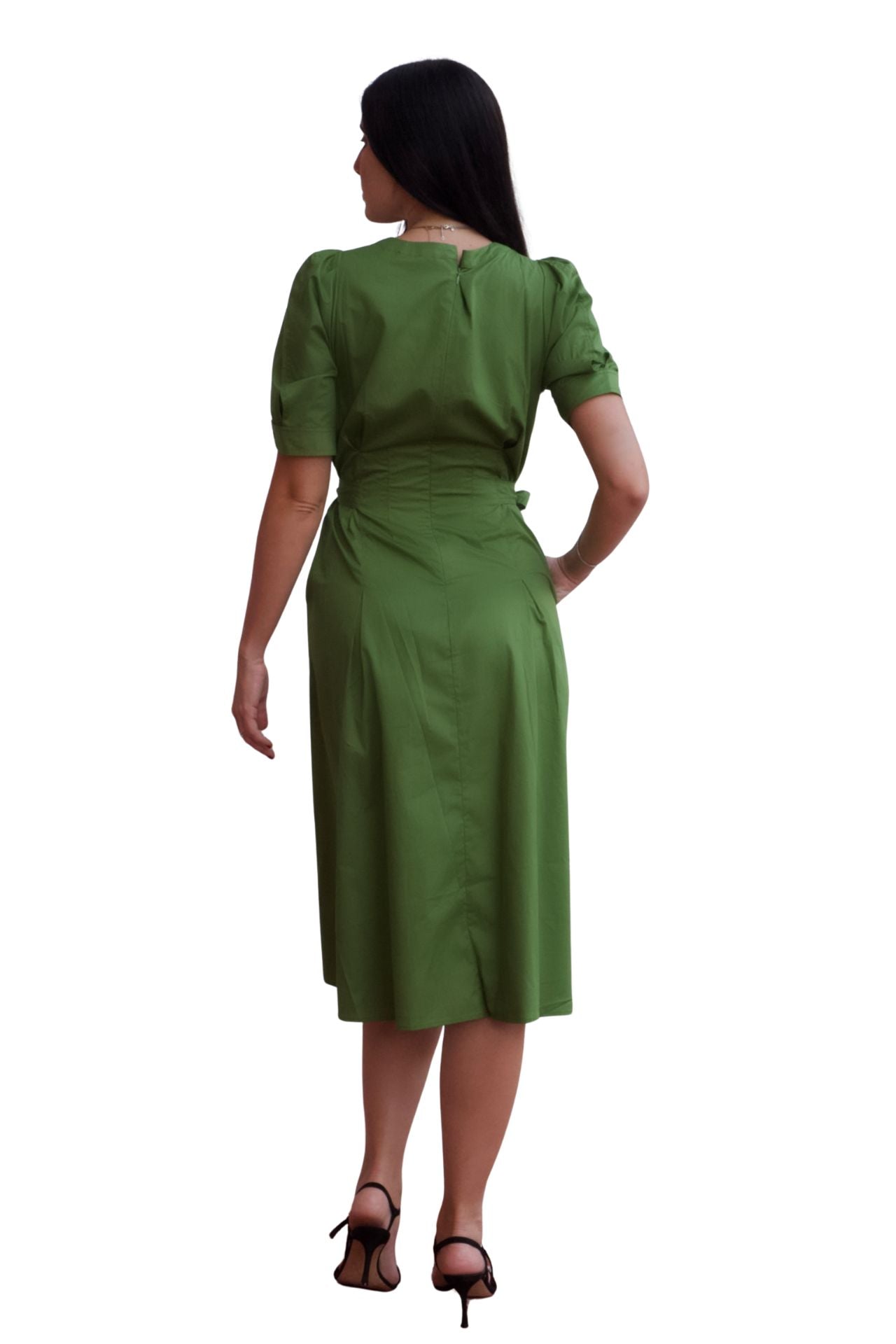Olive green midi dress with puff sleeves, belted waist and pockets, elegant casual day-to-night dress.