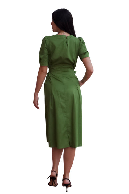 Olive green midi dress with puff sleeves, belted waist and pockets, elegant casual day-to-night dress.