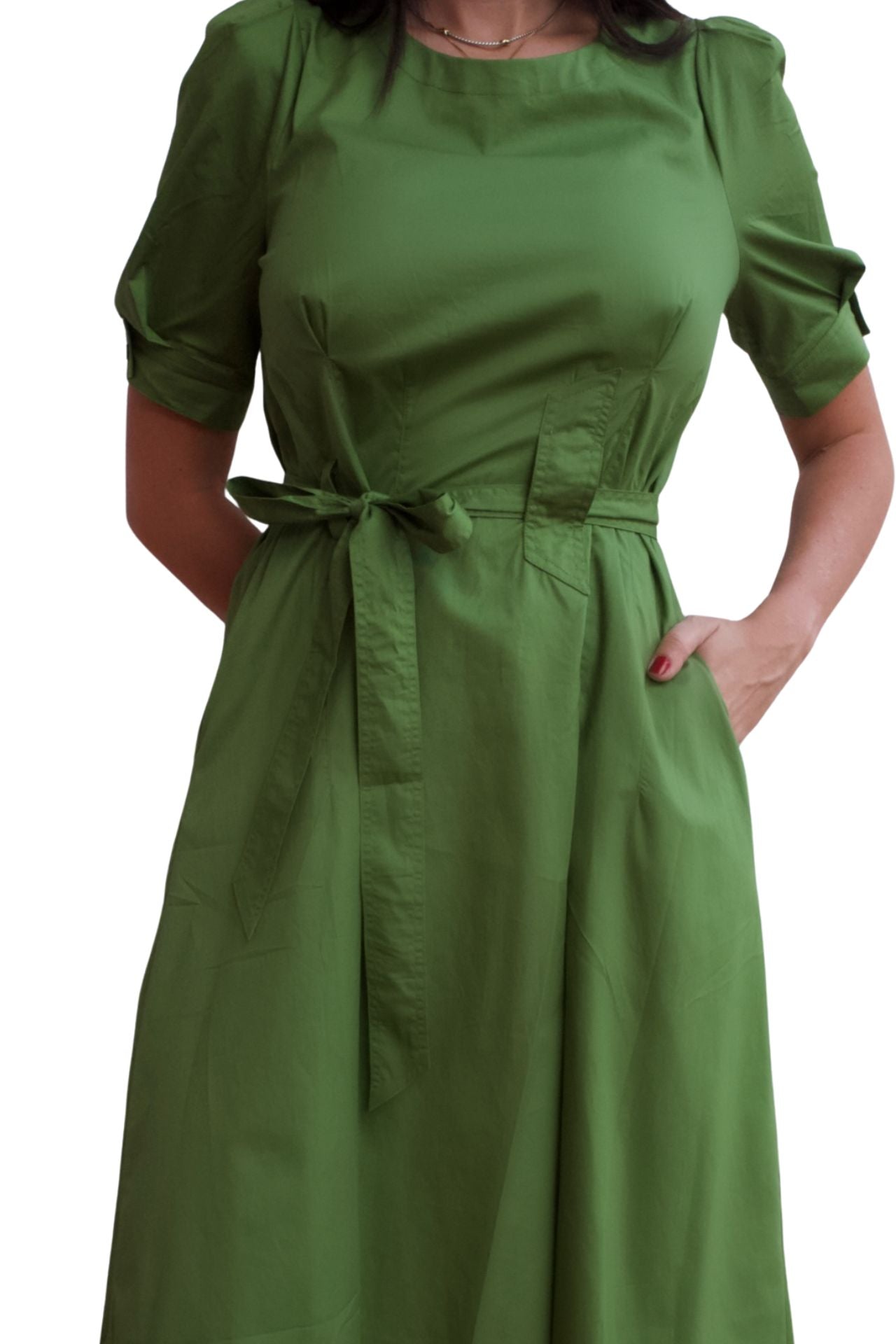 Olive green midi dress with puff sleeves, belted waist and pockets, elegant casual day-to-night dress.