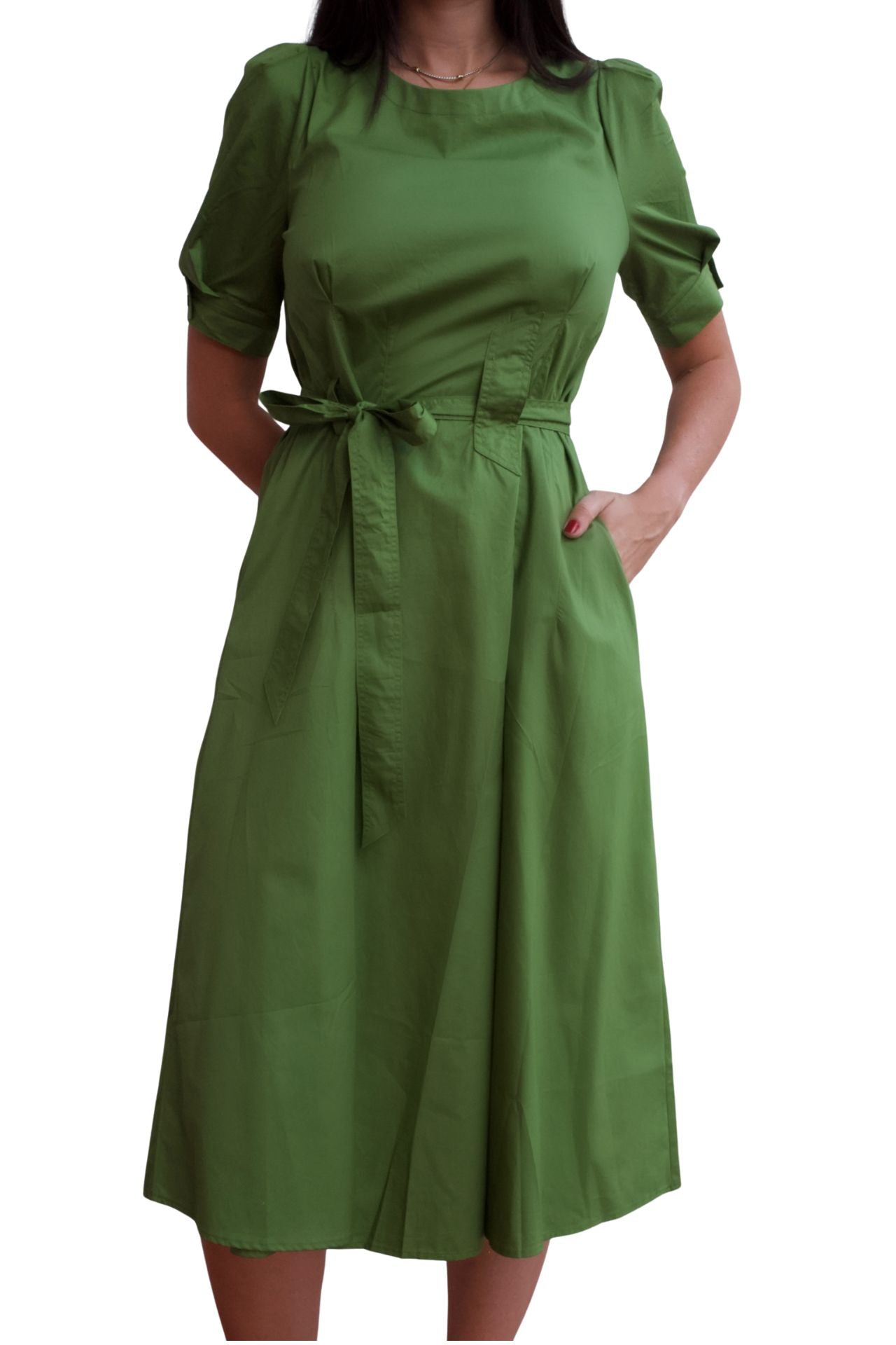 Olive green midi dress with puff sleeves, belted waist and pockets, elegant casual day-to-night dress.