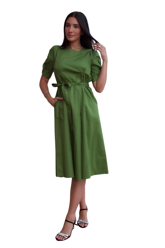 Olive green midi dress with puff sleeves, belted waist and pockets, elegant casual day-to-night dress.