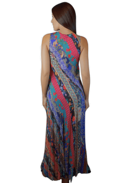 patchwork floral sleeveless v neck maxi dress flowing colorful elegant resort dress available online and in-store