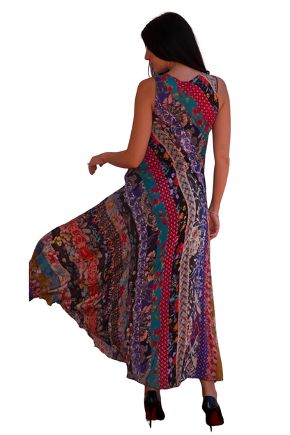 patchwork floral sleeveless v neck maxi dress flowing colorful elegant resort dress available online and in-store