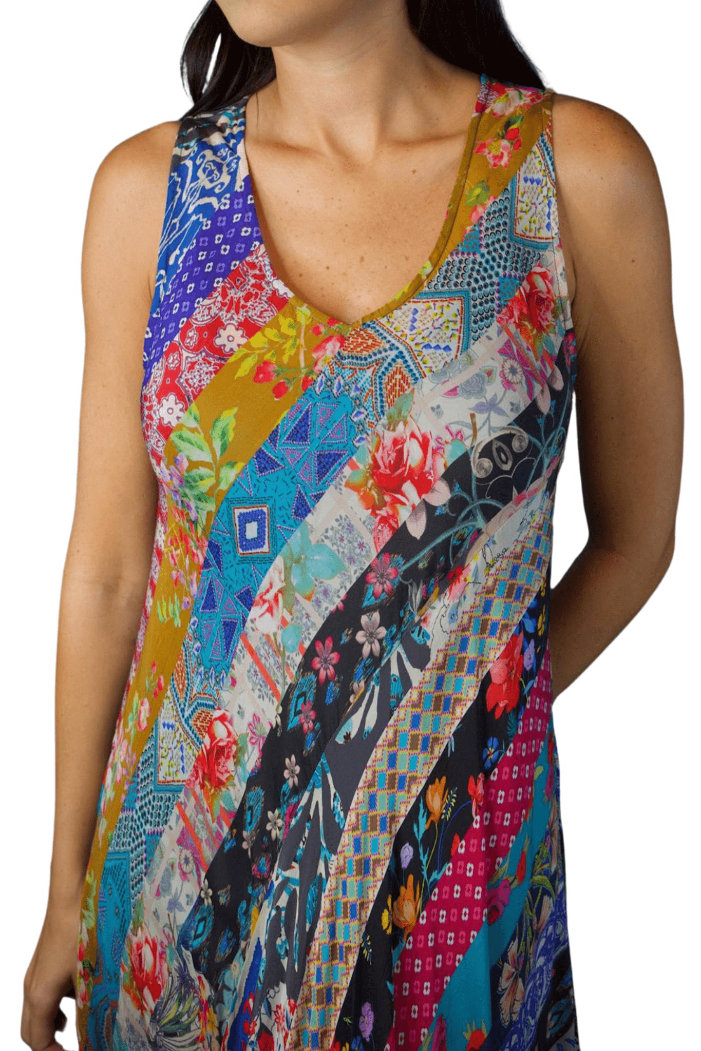 patchwork floral sleeveless v neck maxi dress flowing colorful elegant resort dress available online and in-store
