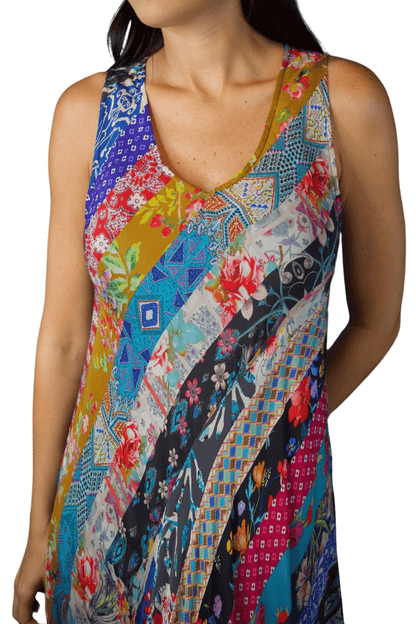 patchwork floral sleeveless v neck maxi dress flowing colorful elegant resort dress available online and in-store