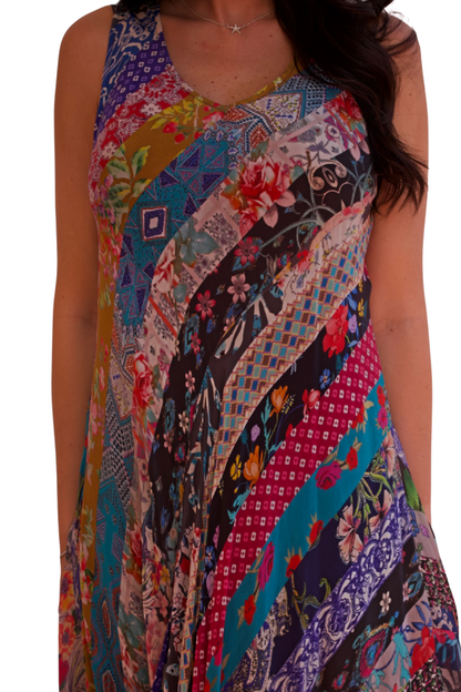 patchwork floral sleeveless v neck maxi dress flowing colorful elegant resort dress available online and in-store