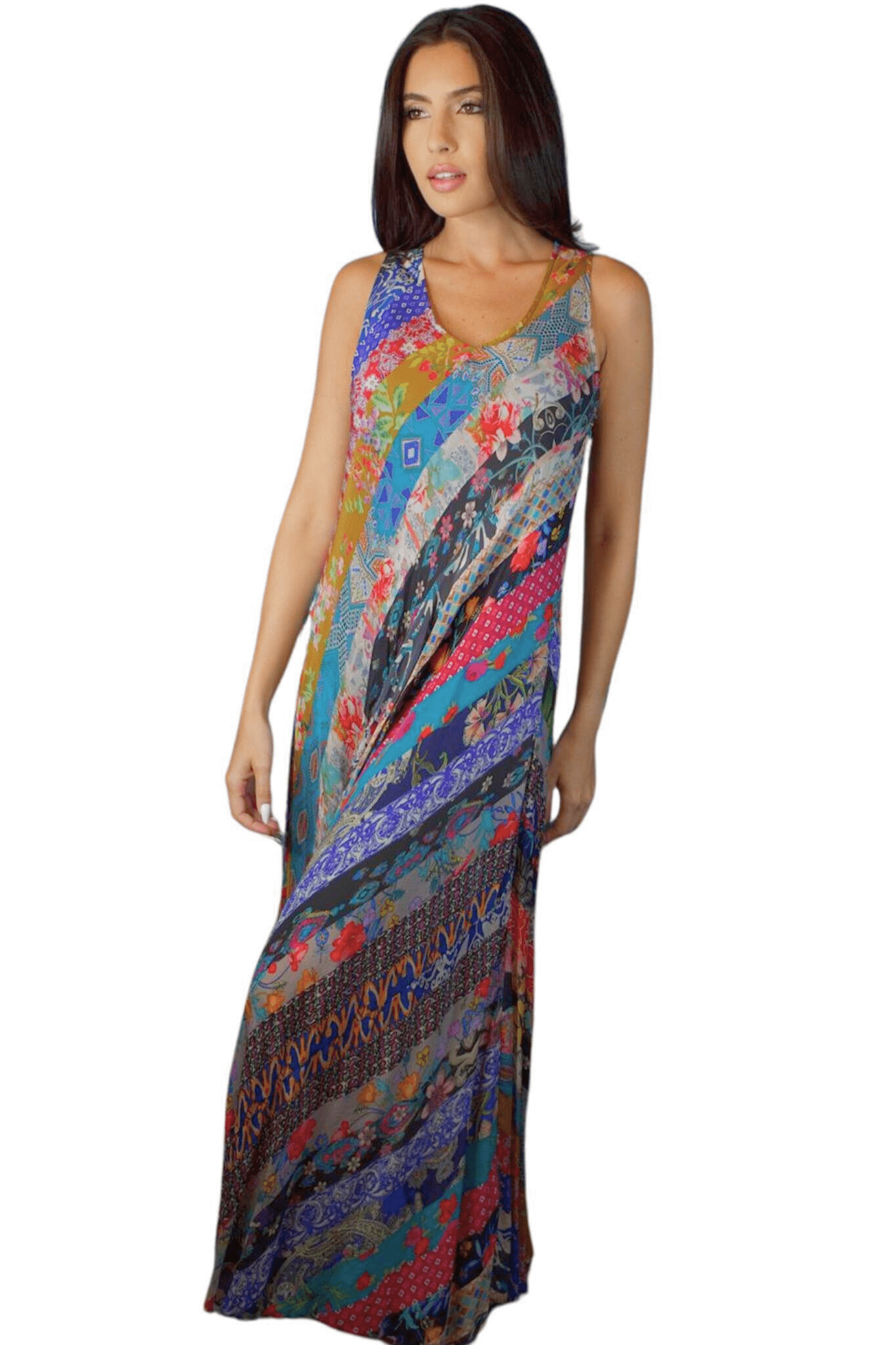 patchwork floral sleeveless v neck maxi dress flowing colorful elegant resort dress available online and in-store