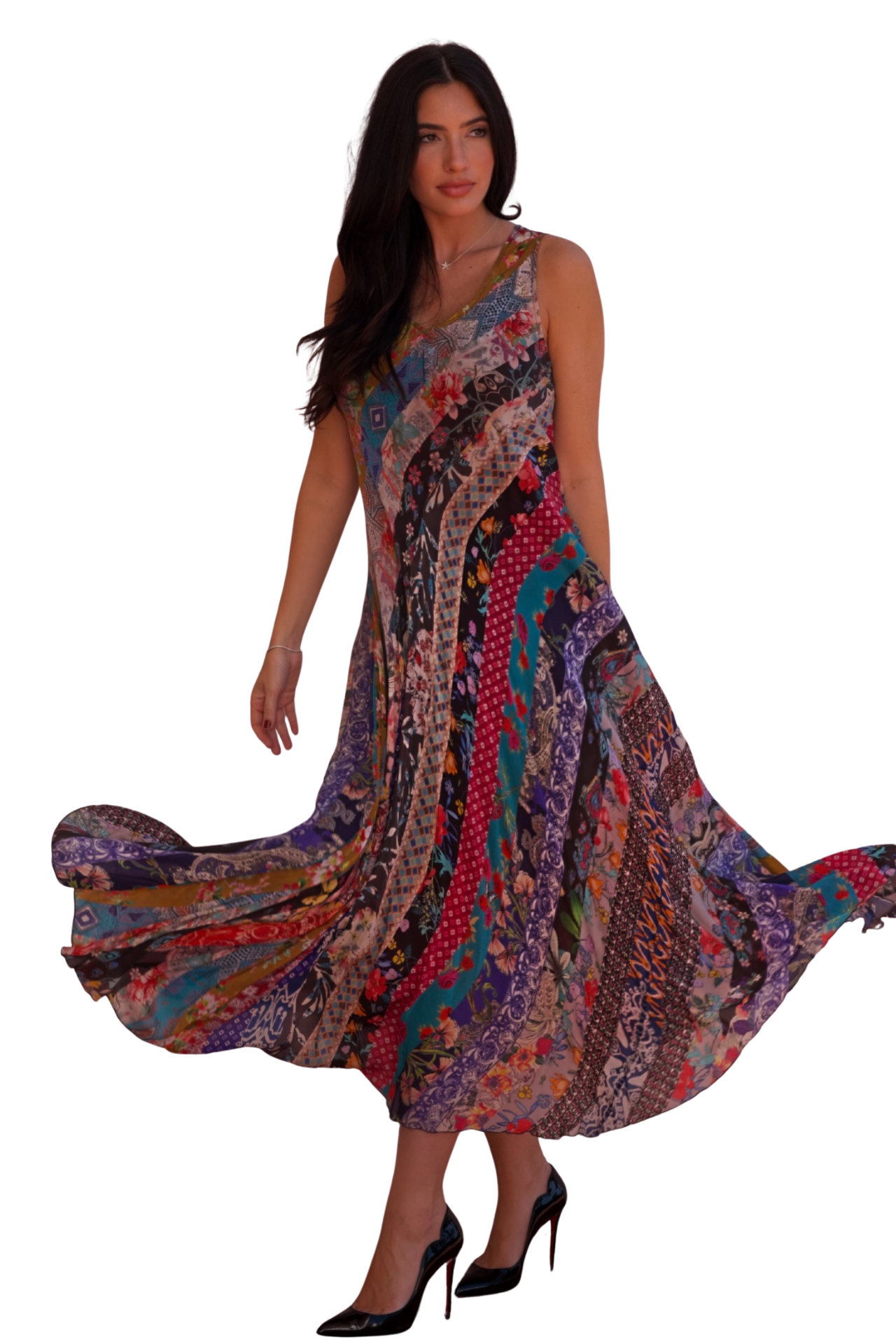 floral long dress patchwork Patchwork Floral Sleeveless V-Neck Maxi Dress