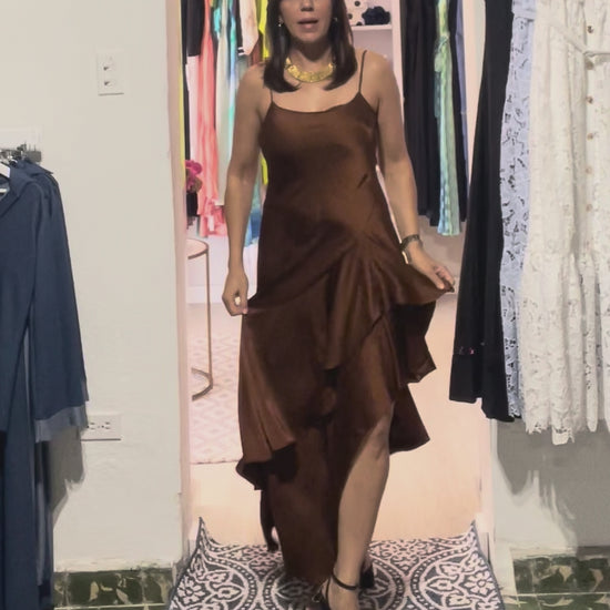 Sienna Cascade Dress in luminous copper brown with cascading high-low ruffles and fluid movement