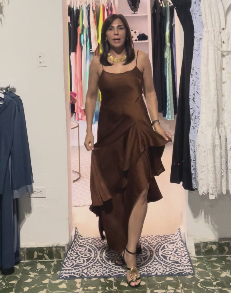 Sienna Cascade Dress in luminous copper brown with cascading high-low ruffles and fluid movement
