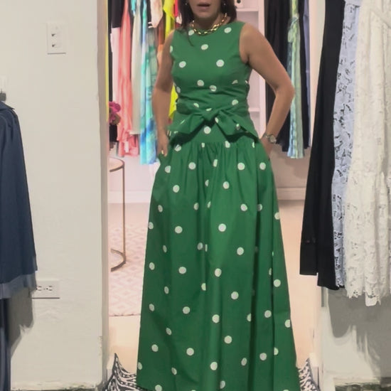 Video of Monaco Polka Skirt in green and white, showing its full maxi silhouette, side pockets and styling with the coordinating Monaco Polka Top.