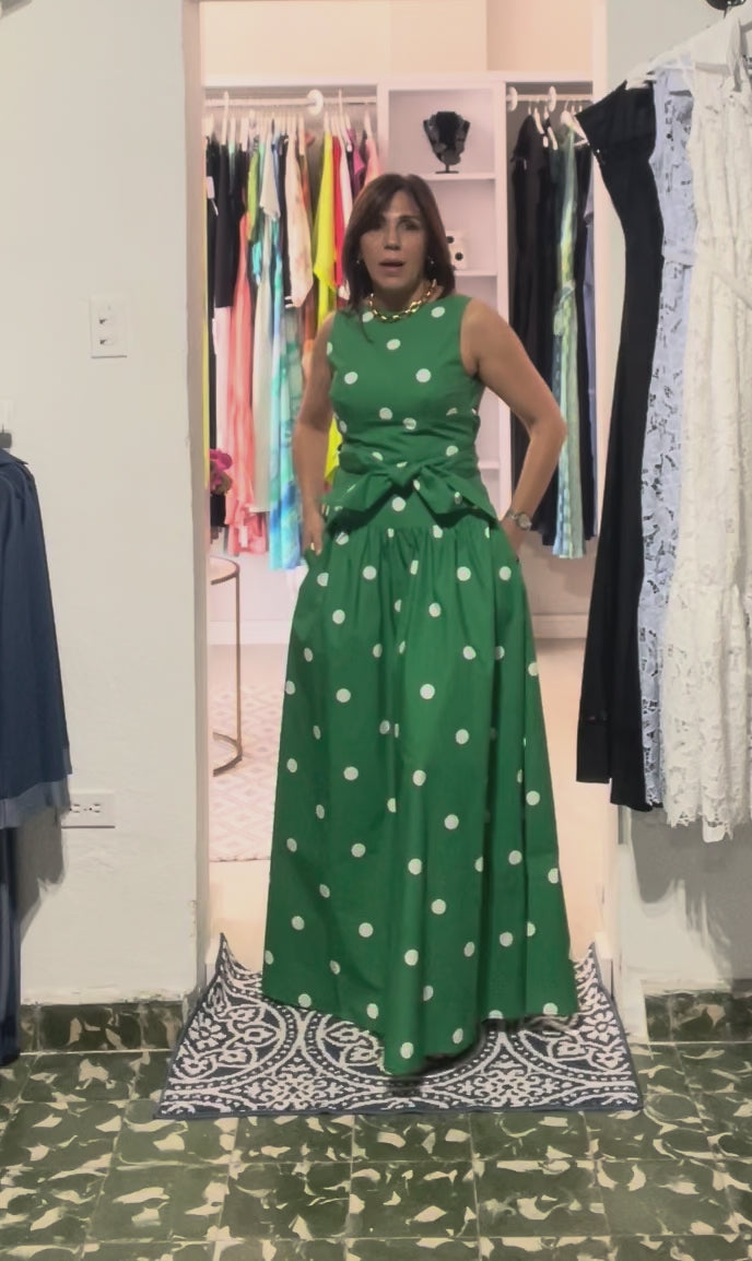 Video of Monaco Polka Skirt in green and white, showing its full maxi silhouette, side pockets and styling with the coordinating Monaco Polka Top.