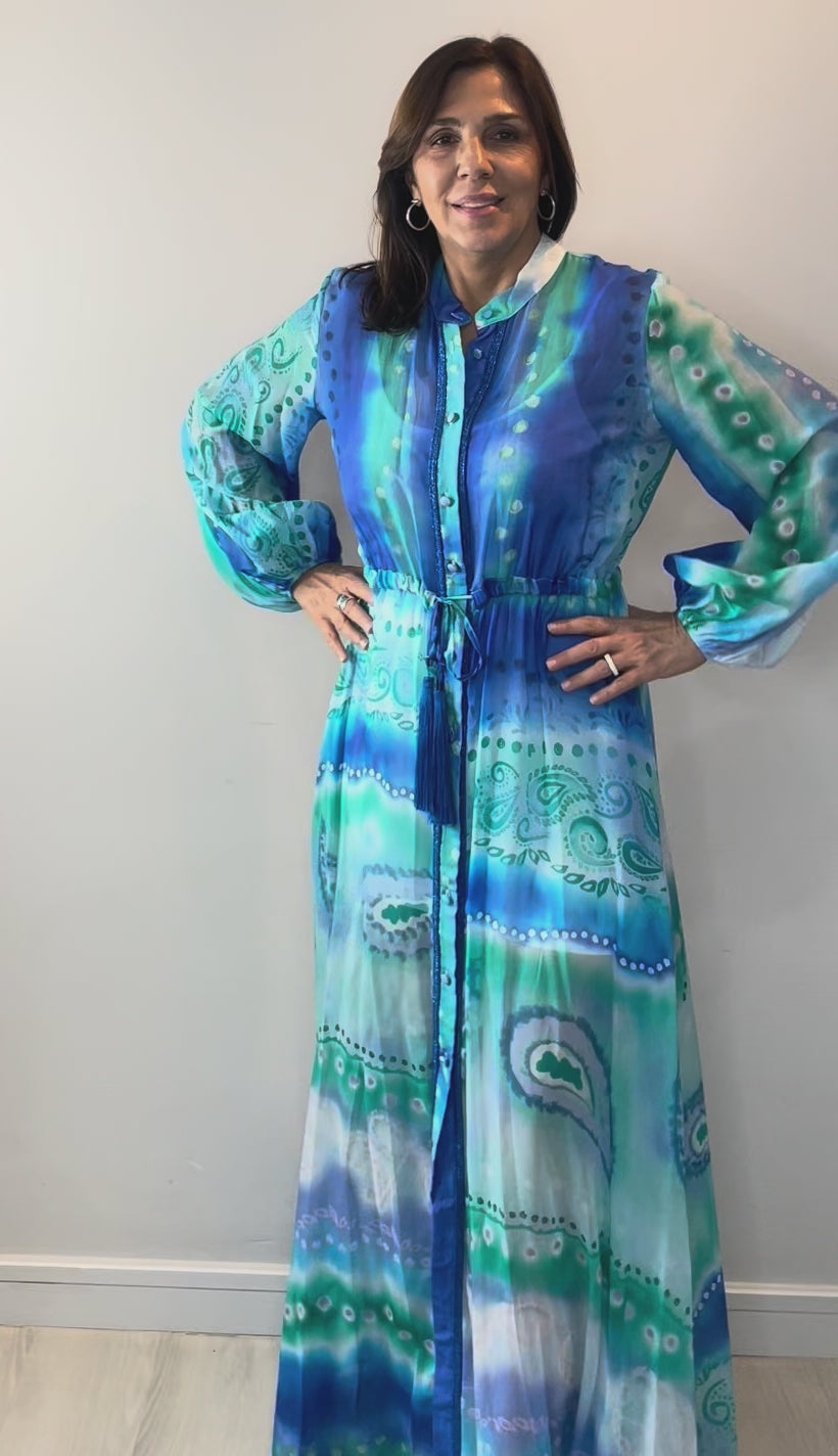 Model wearing Ocean Glen Button Front Maxi Dress with flowing silhouette and button front detail.