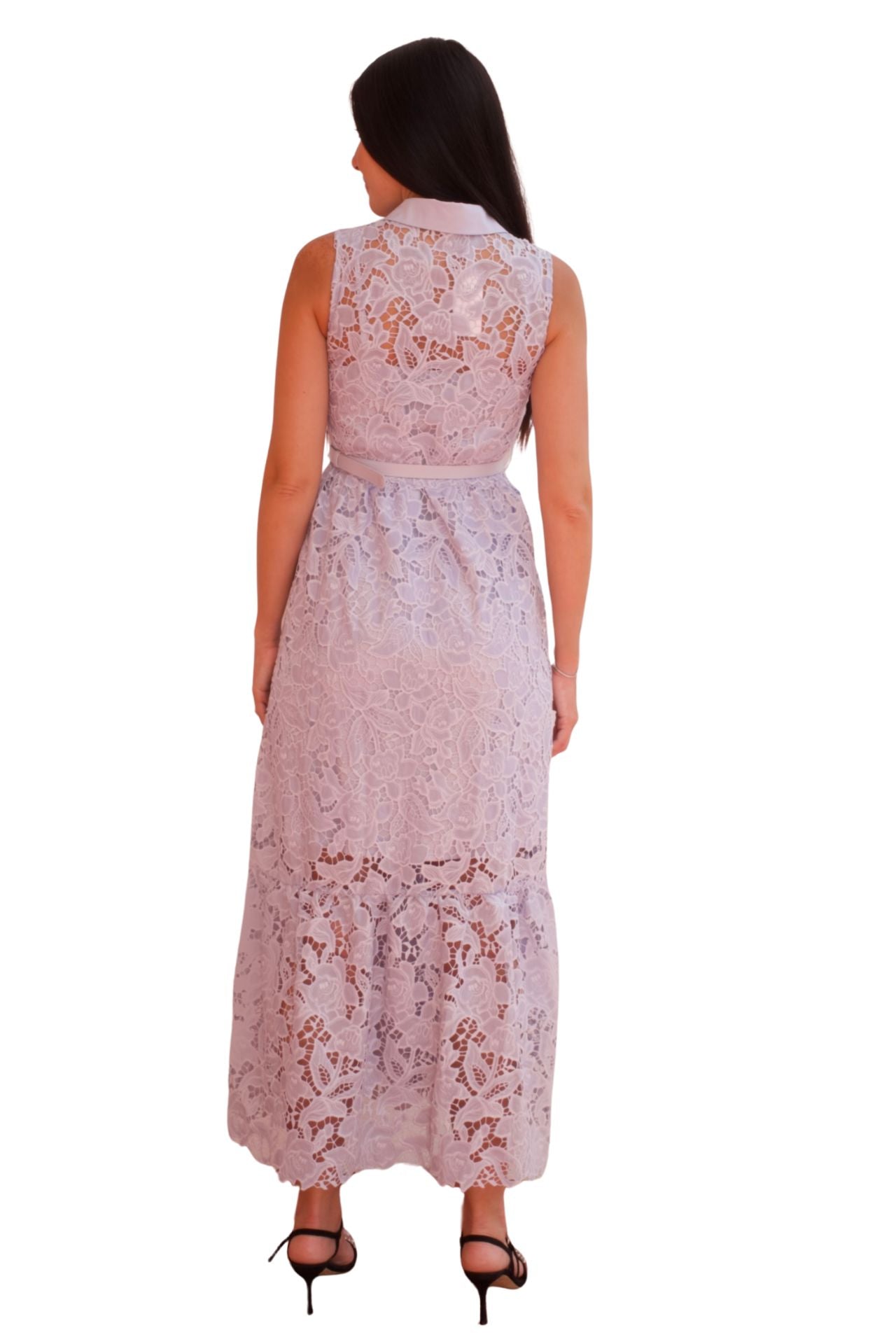 Blue lace maxi dress with belt and button front detail, elegant sleeveless occasion dress.