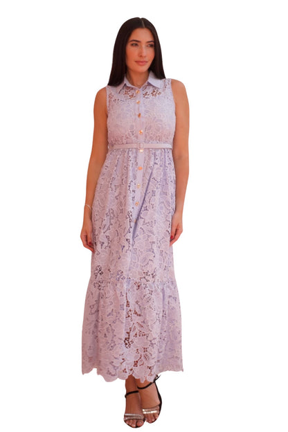 Blue lace maxi dress with belt and button front detail, elegant sleeveless occasion dress.