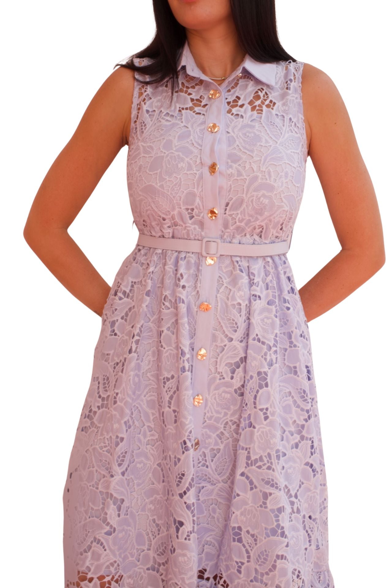 Blue lace maxi dress with belt and button front detail, elegant sleeveless occasion dress.