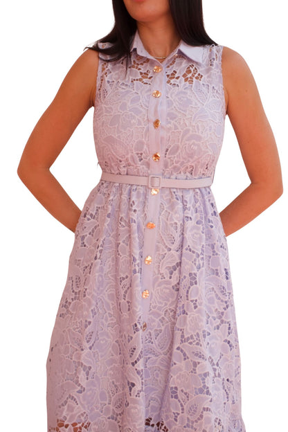 Blue lace maxi dress with belt and button front detail, elegant sleeveless occasion dress.
