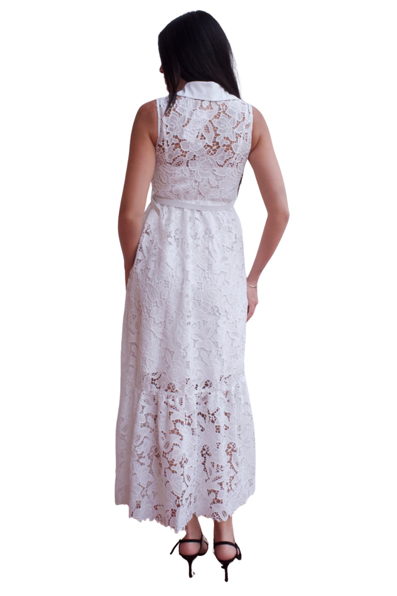 White lace maxi dress with belt and button front detail, elegant sleeveless occasion dress.