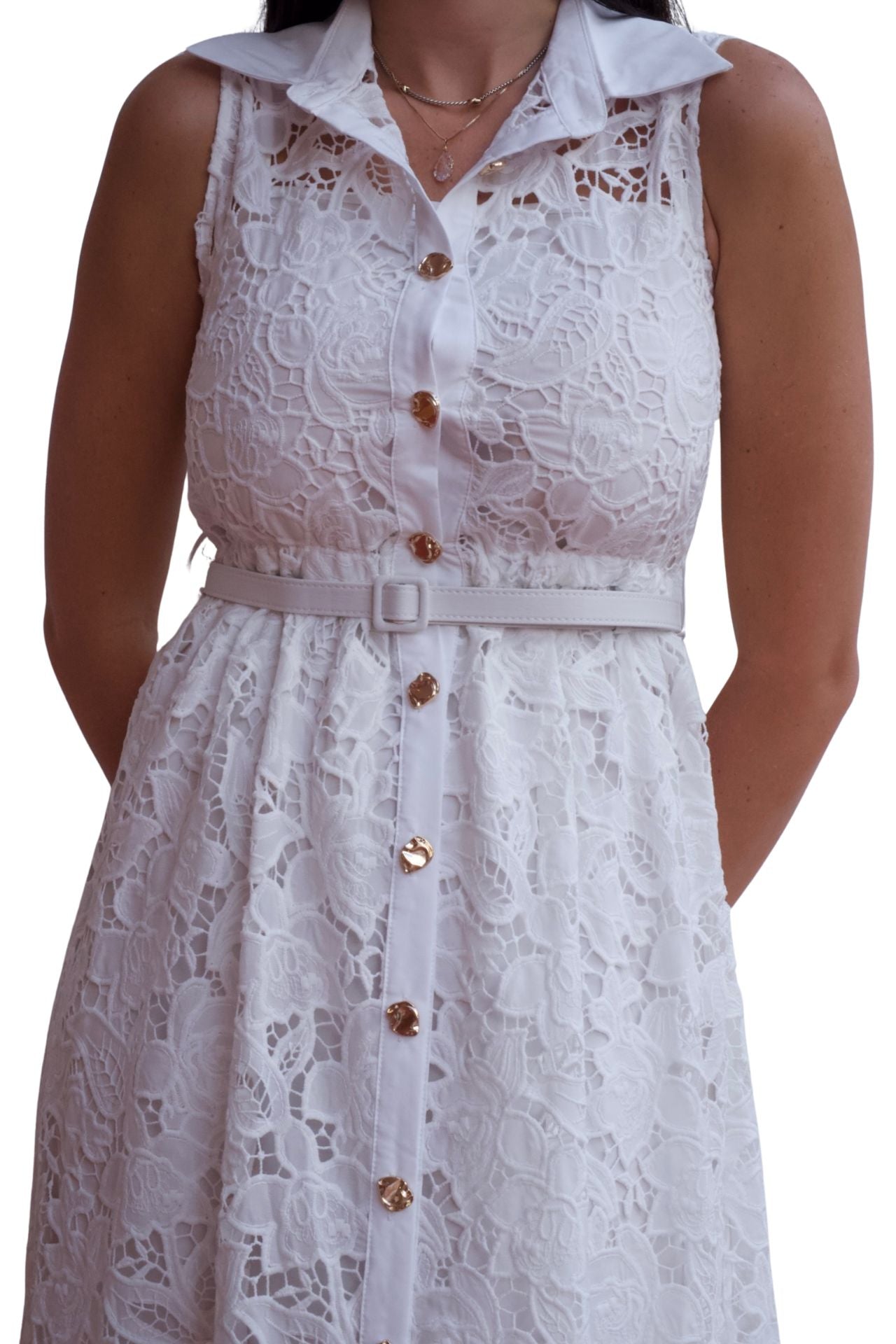 White lace maxi dress with belt and button front detail, elegant sleeveless occasion dress.