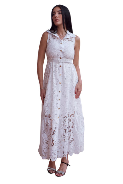 White lace maxi dress with belt and button front detail, elegant sleeveless occasion dress.
