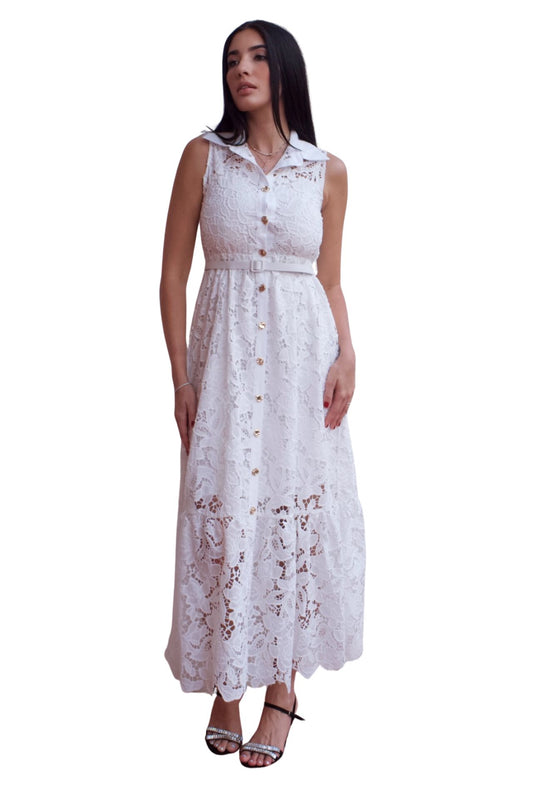 White lace maxi dress with belt and button front detail, elegant sleeveless occasion dress.