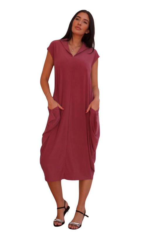 Rosewood relaxed tunic midi dress with draped pockets and soft flowy silhouette, casual elegant day dress.