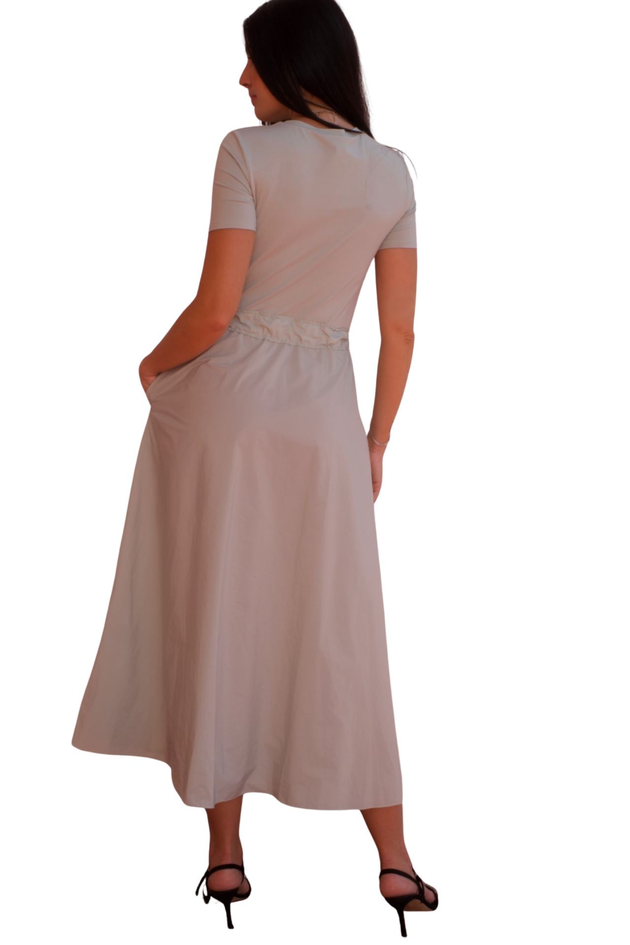 Sage green relaxed midi dress with drawstring waist and pockets, casual chic everyday dress for women.