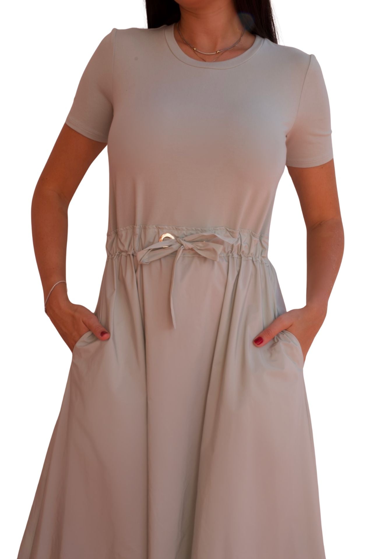 Sage green relaxed midi dress with drawstring waist and pockets, casual chic everyday dress for women.