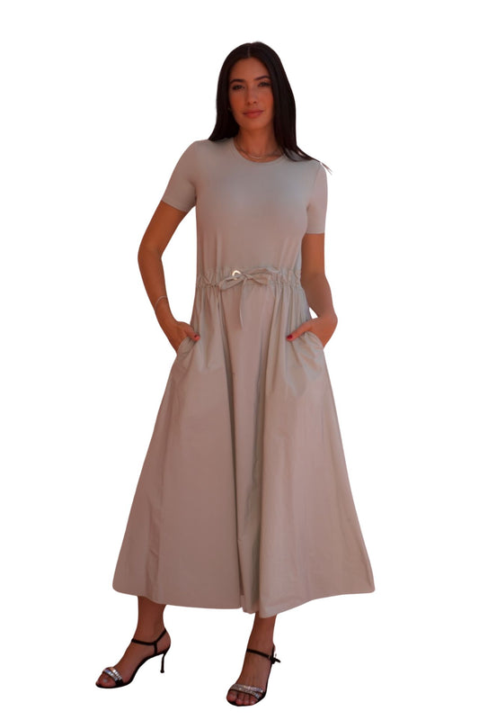 Sage green relaxed midi dress with drawstring waist and pockets, casual chic everyday dress for women.