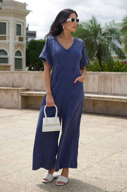 Short sleeve blue mineral-wash jumpsuit – front view