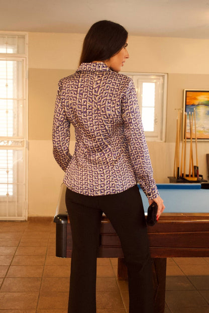 Textured Geo Blue Print Blouse - back view, long sleeves and tonal geometric texture.

