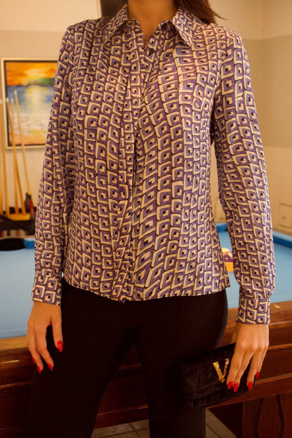 Textured Geo Blue Print Blouse - front view, long sleeves and tonal geometric texture.

