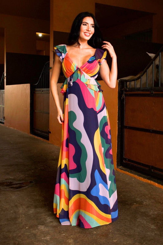 Multicolor abstract maxi dress with ruffle sleeves and open tie back.