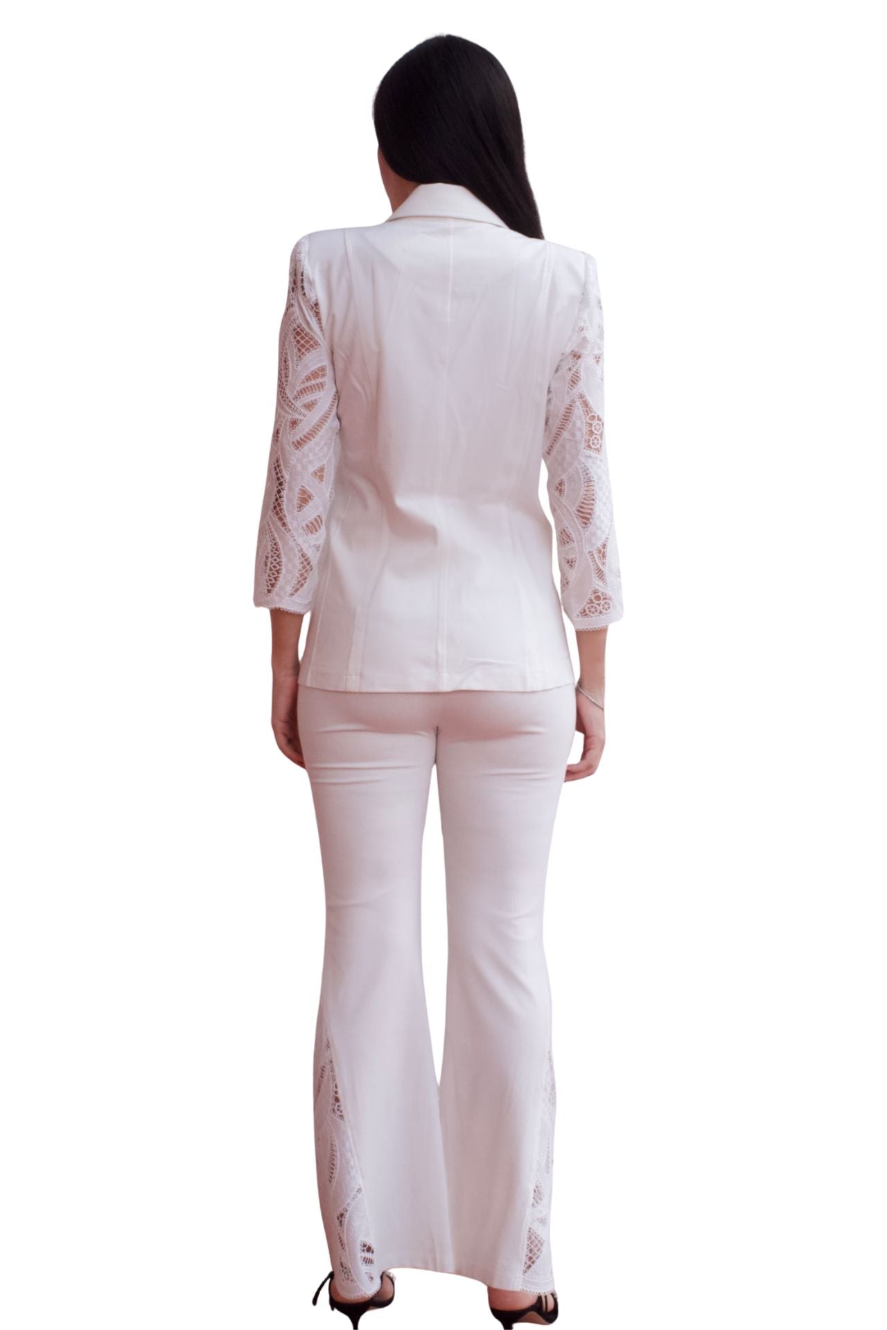 White tailored blazer and pant set with lace details, elegant two-piece outfit for women.