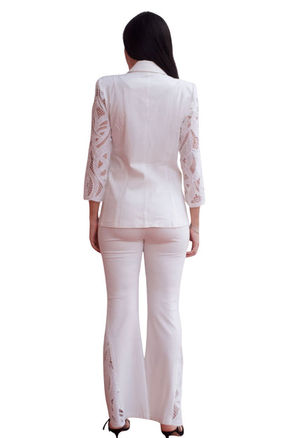 White tailored blazer and pant set with lace details, elegant two-piece outfit for women.