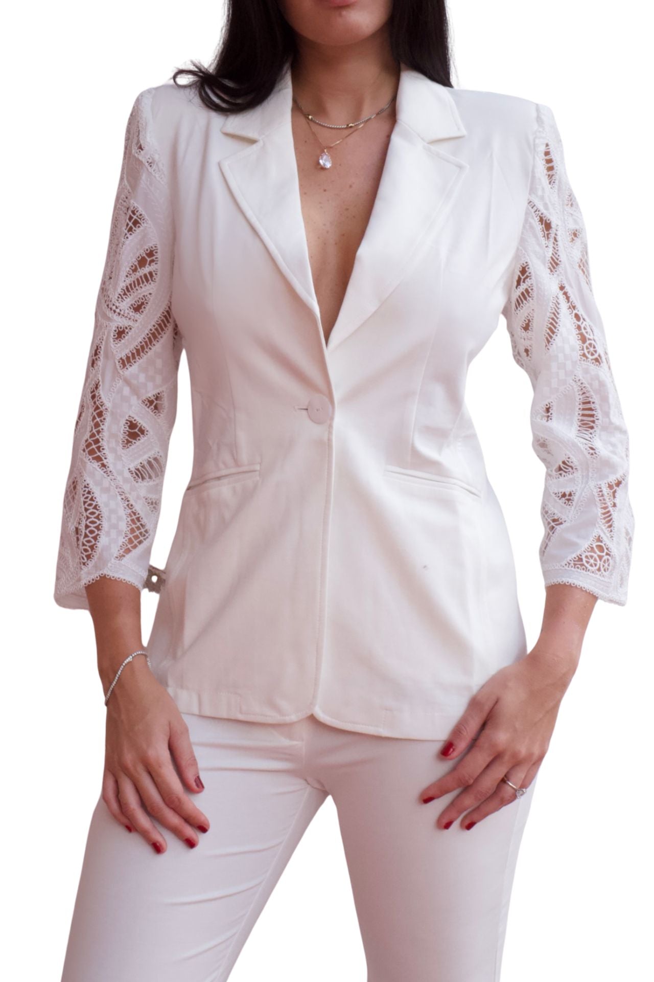 White tailored blazer and pant set with lace details, elegant two-piece outfit for women.