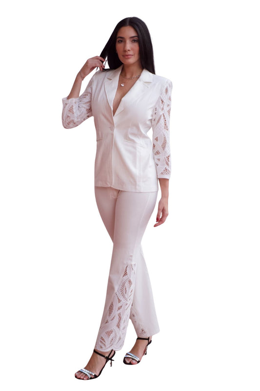 White tailored blazer and pant set with lace details, elegant two-piece outfit for women.