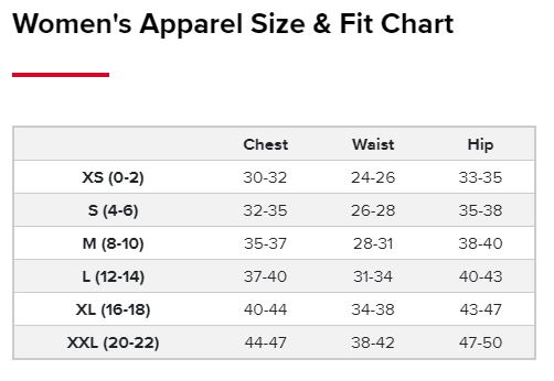 Women's Apparel Size & Fit Chart with measurements for chest, waist, and hip.